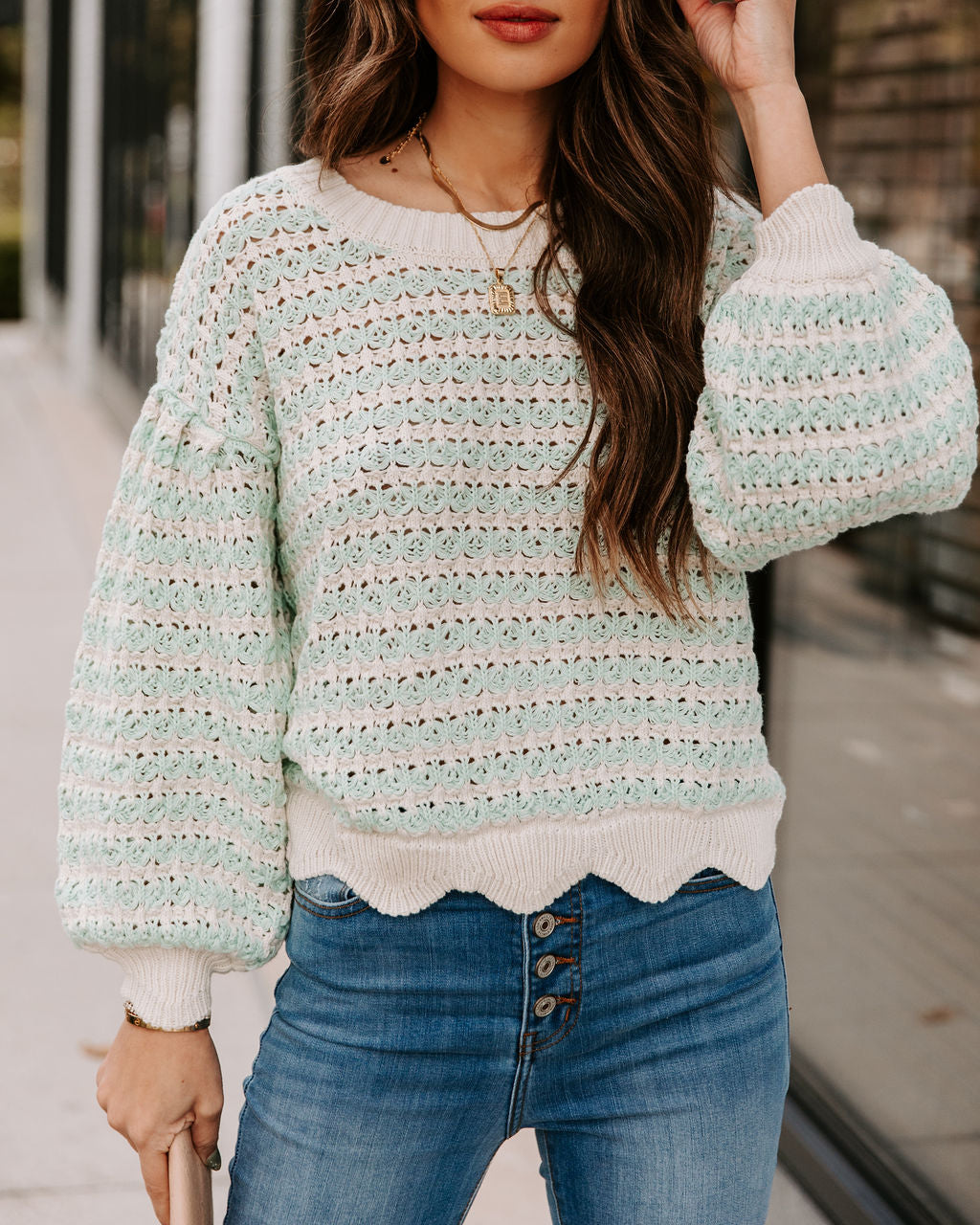 Aerin Cotton Blend Scalloped Sweater - Mint - FINAL SALE