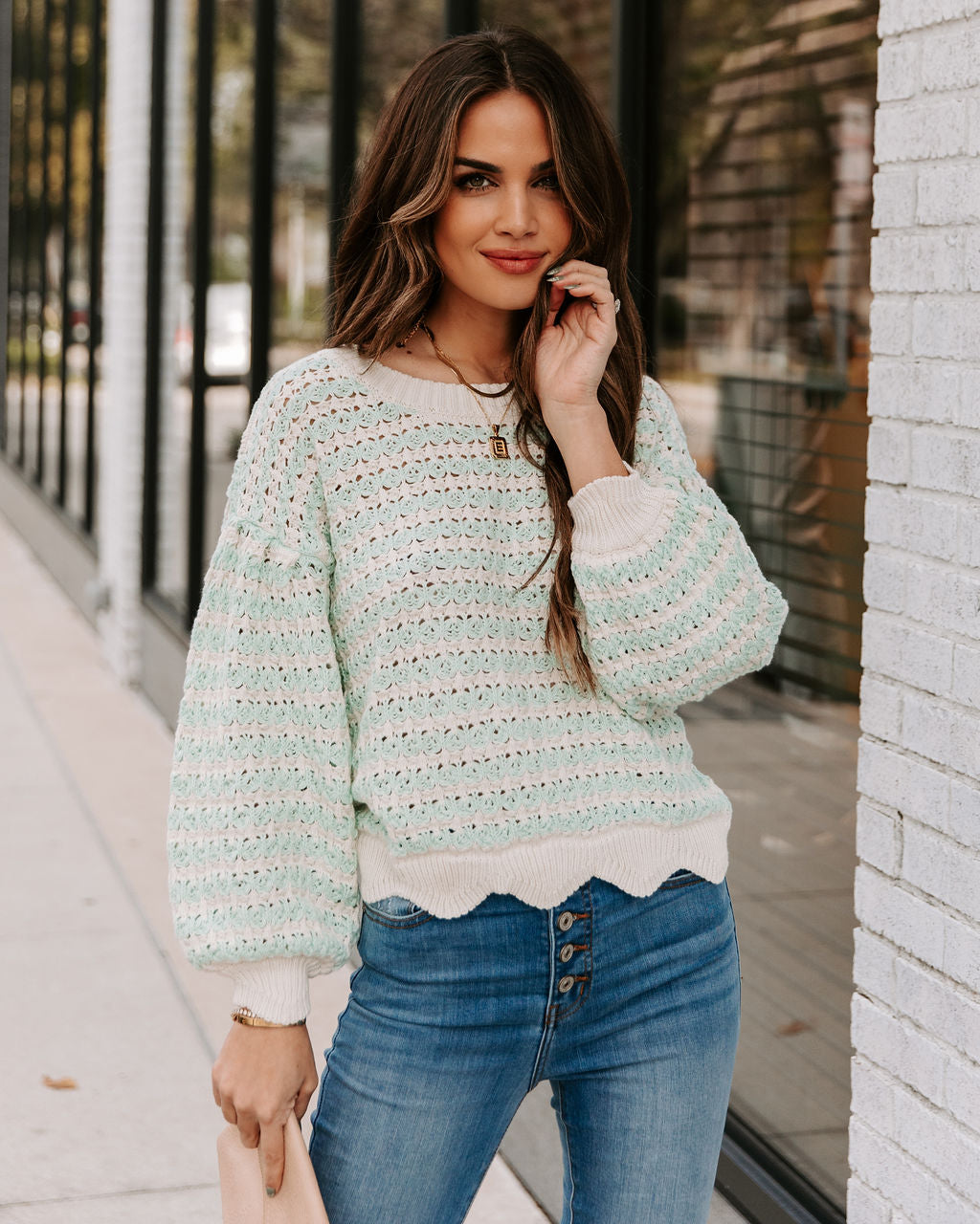 Aerin Cotton Blend Scalloped Sweater - Mint - FINAL SALE