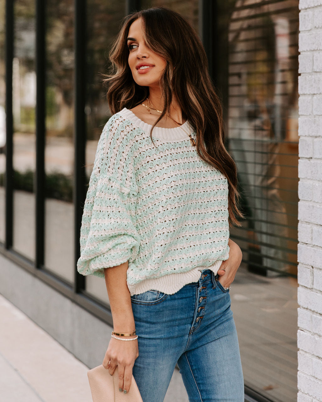 Aerin Cotton Blend Scalloped Sweater - Mint - FINAL SALE