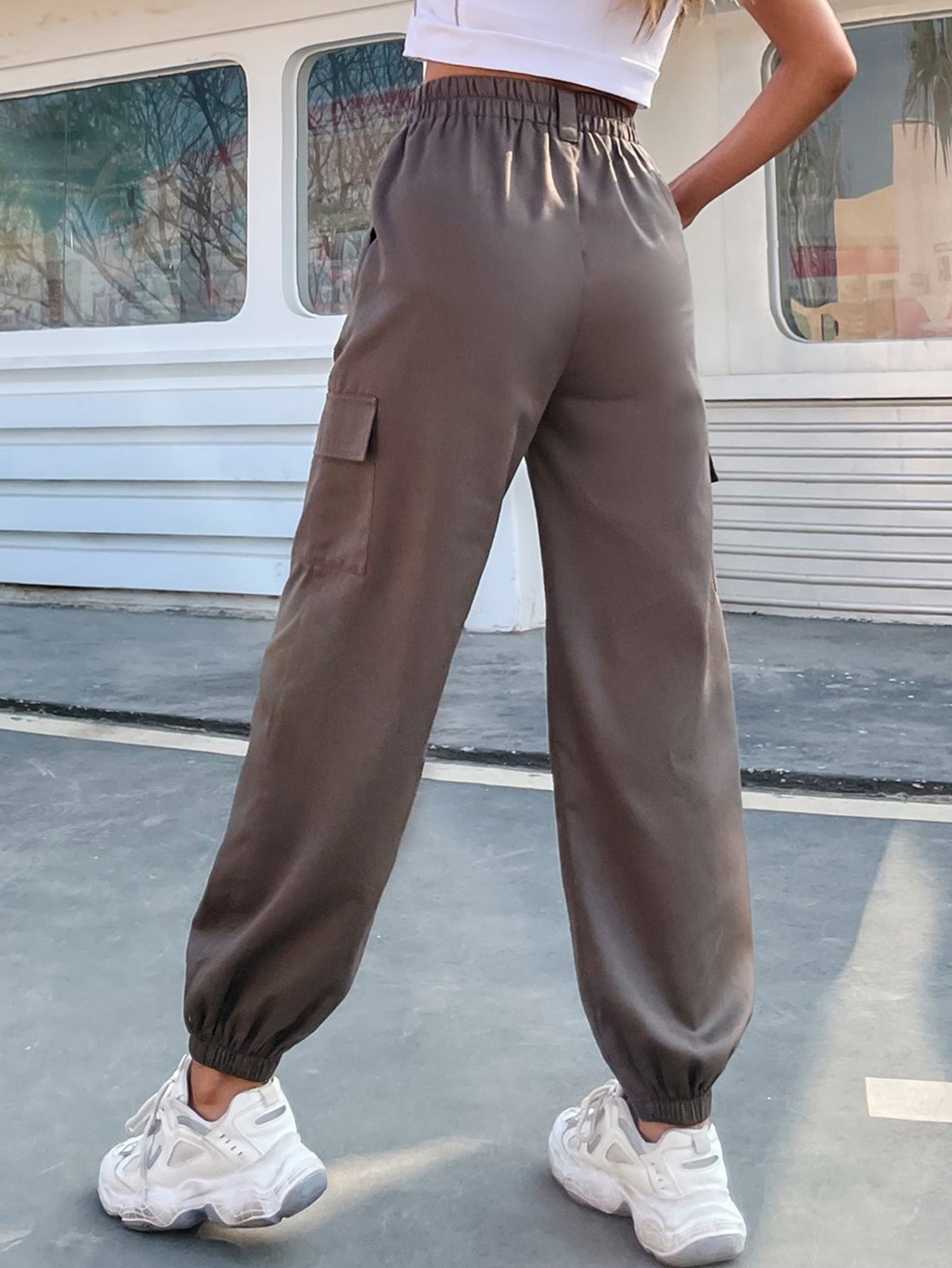 Elastic Waist Flap Pockets Cargo Pants Sai Feel