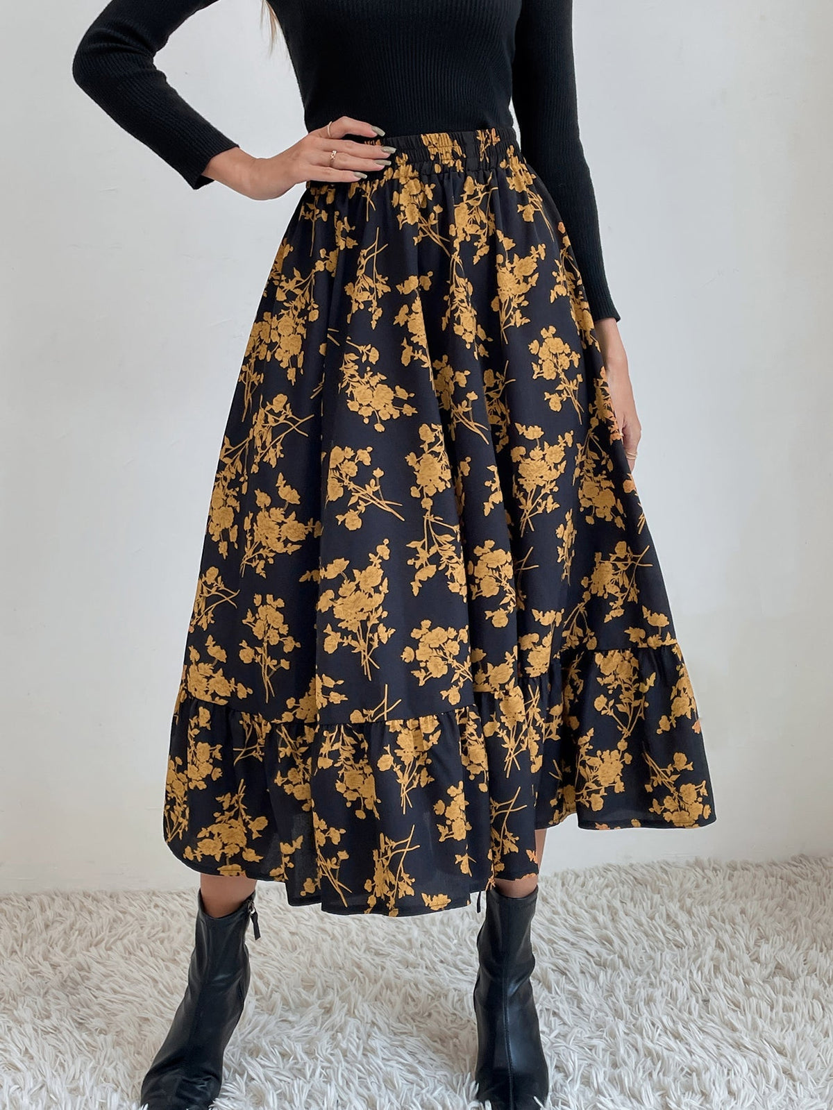 Elastic Waist Flower Print Ruffled Maxi Skirt Sai Feel