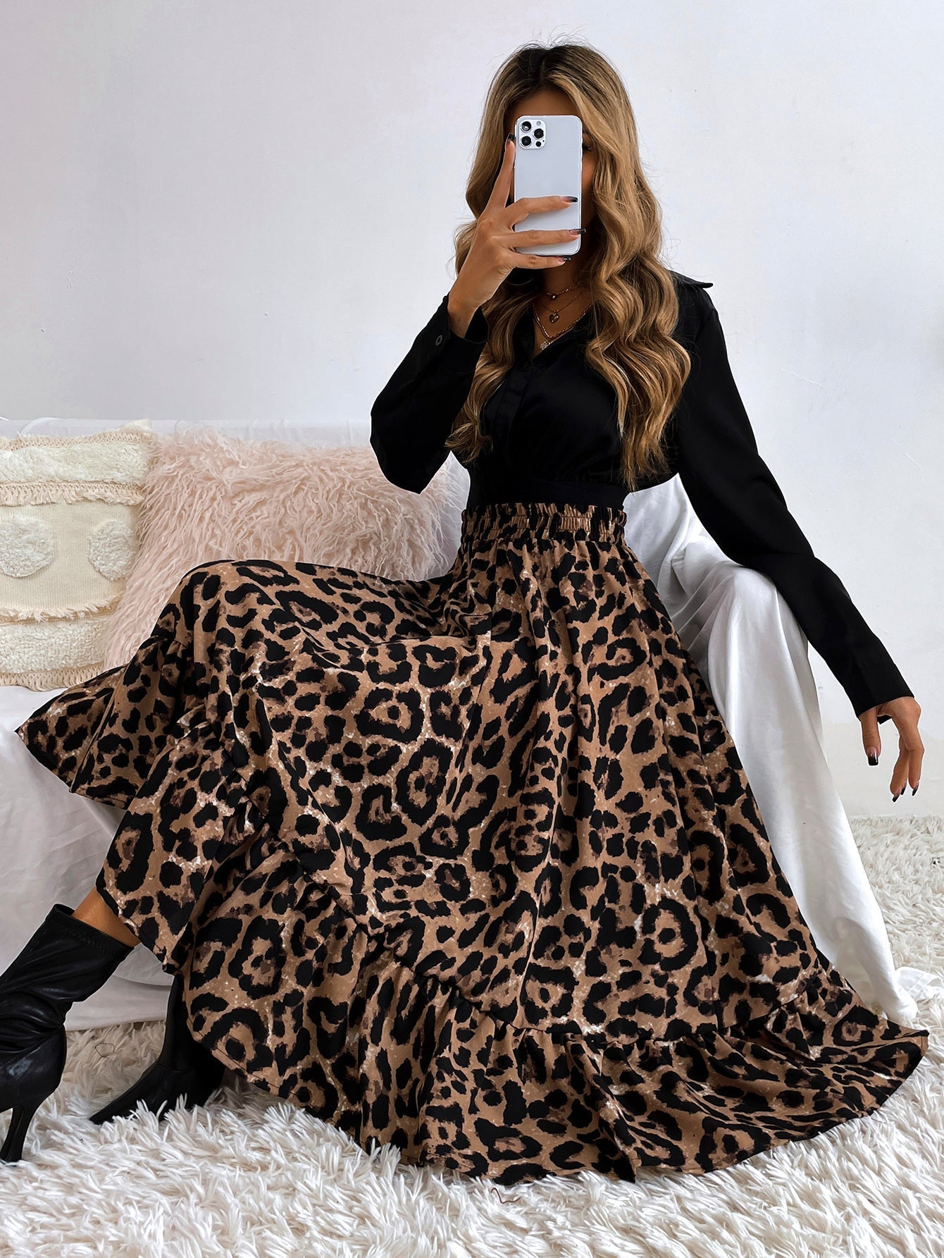 Elastic Waist Leopard Ruffled Maxi Skirt Sai Feel