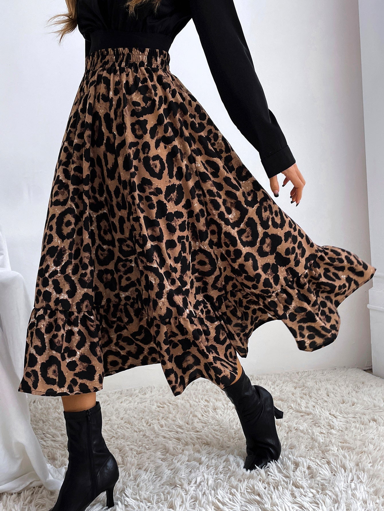 Elastic Waist Leopard Ruffled Maxi Skirt Sai Feel