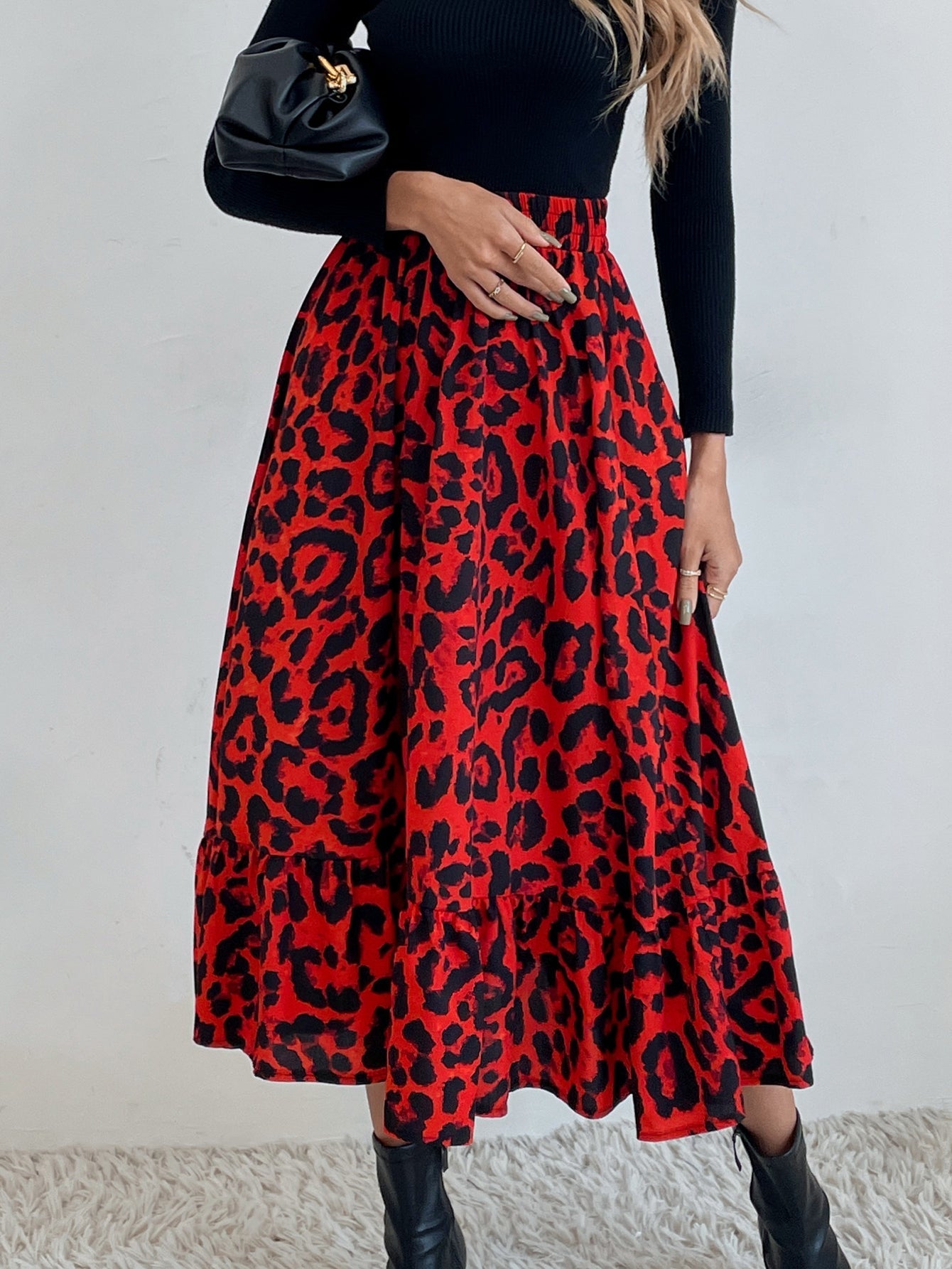 Elastic Waist Leopard Ruffled Maxi Skirt Sai Feel