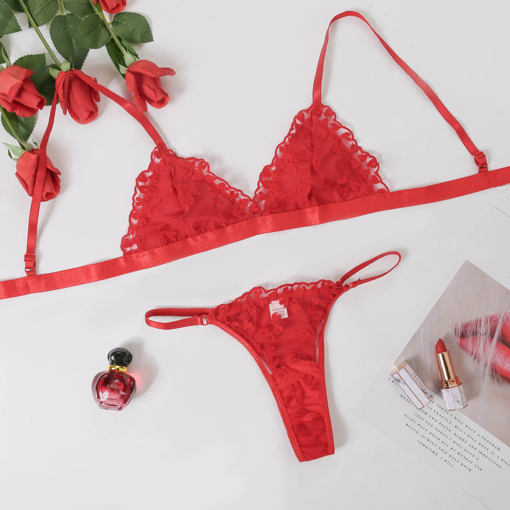Embroidered Mesh Underwire Sexy 2PCS Sheer Lace Lingerie Set Straps Bralette and Panty Set with thongs G-String Set Sai Feel Embroidered Mesh Underwire Sexy 2PCS Sheer Lace Lingerie Set Straps Bralette and Panty Set with thongs G-String Set Sai Feel