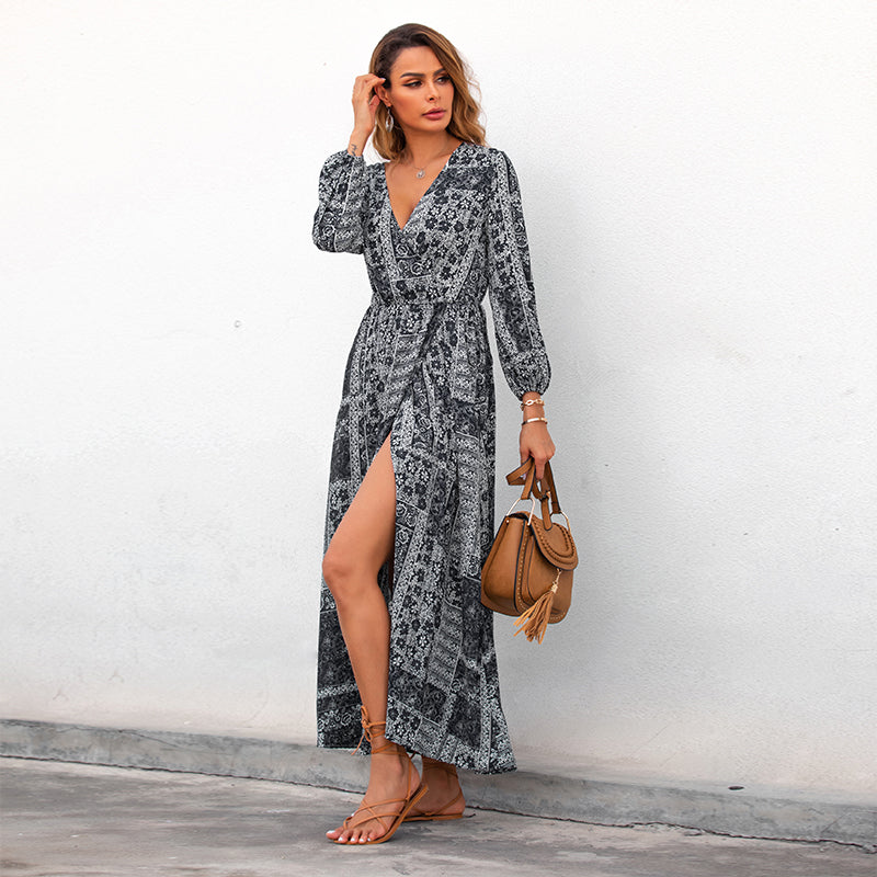 Ethnic Printed V-neck Bohemian Maxi Dress Sai Feel