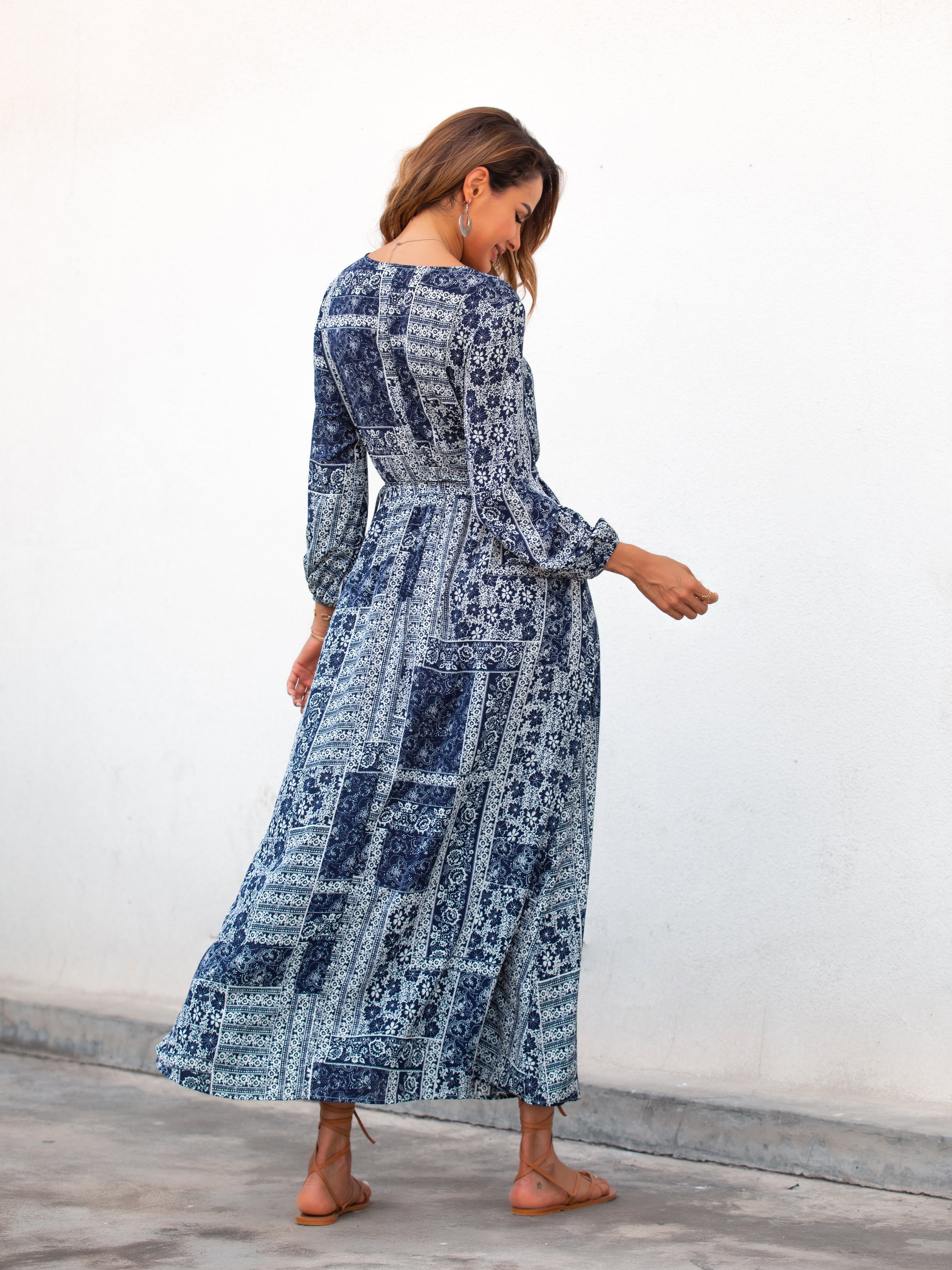 Ethnic Printed V-neck Bohemian Maxi Dress Sai Feel