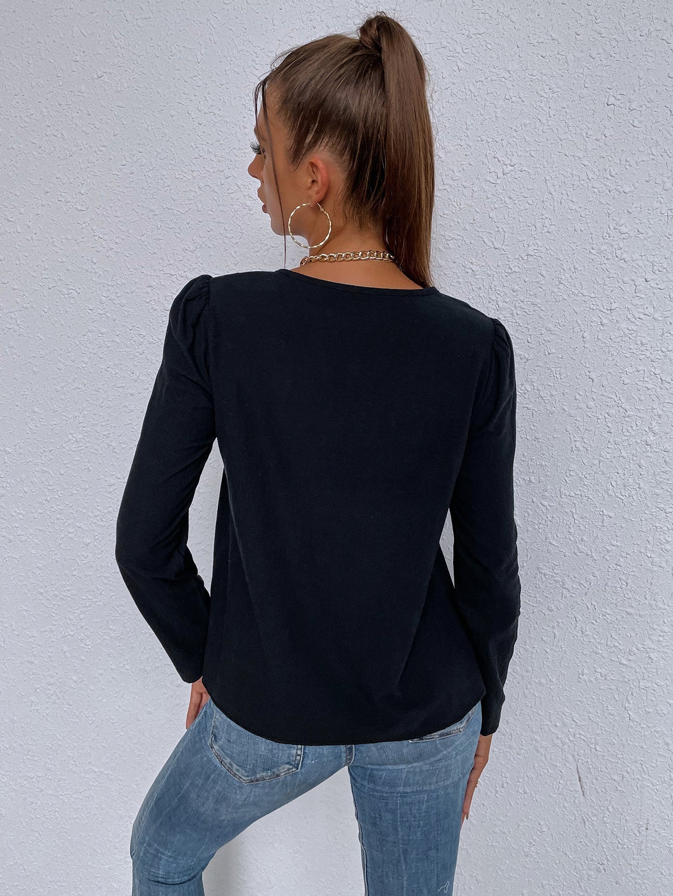 Ethnic style stitching pullover round neck solid color long-sleeved loose casual t-shirt Sai Feel