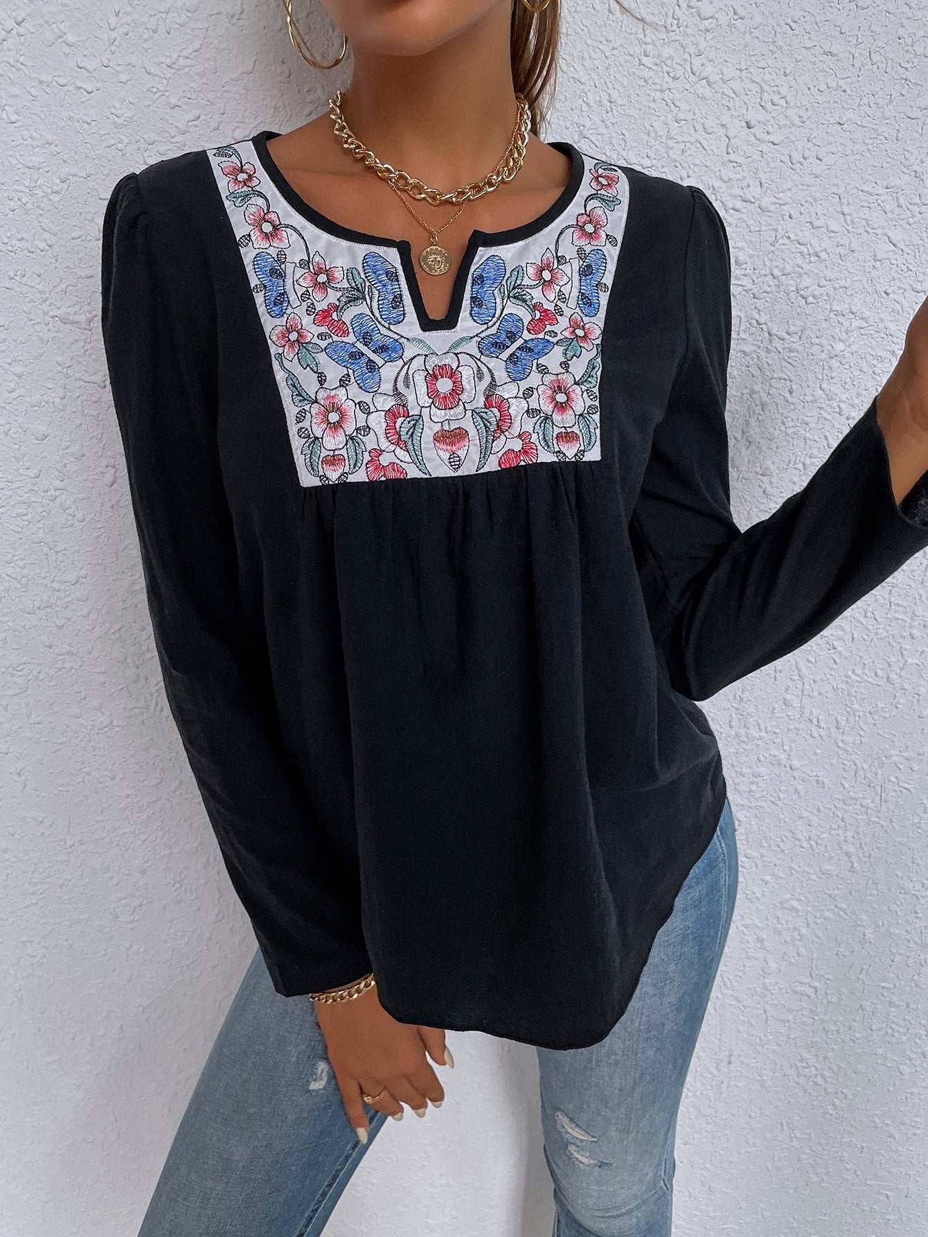 Ethnic style stitching pullover round neck solid color long-sleeved loose casual t-shirt Sai Feel