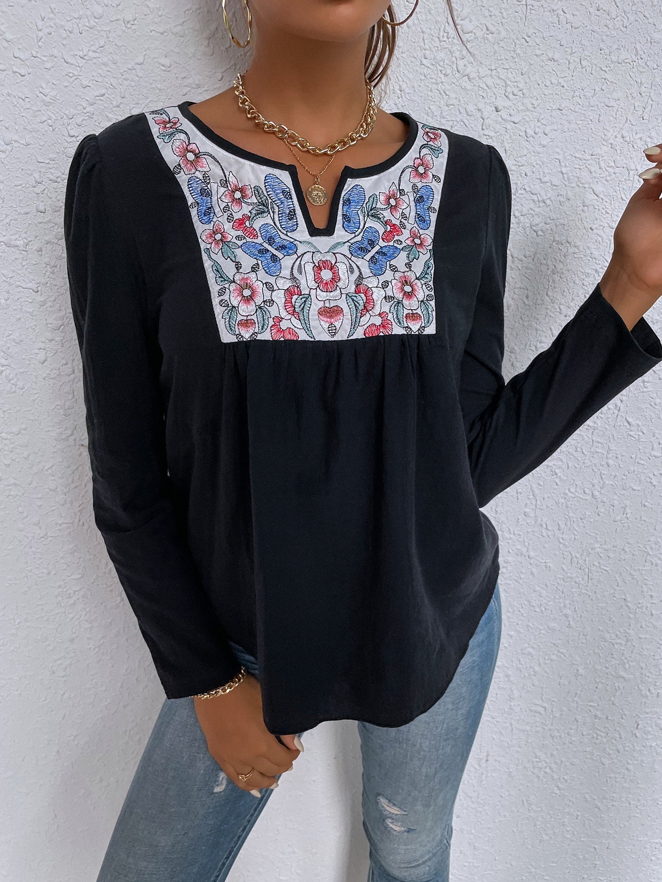 Ethnic style stitching pullover round neck solid color long-sleeved loose casual t-shirt Sai Feel