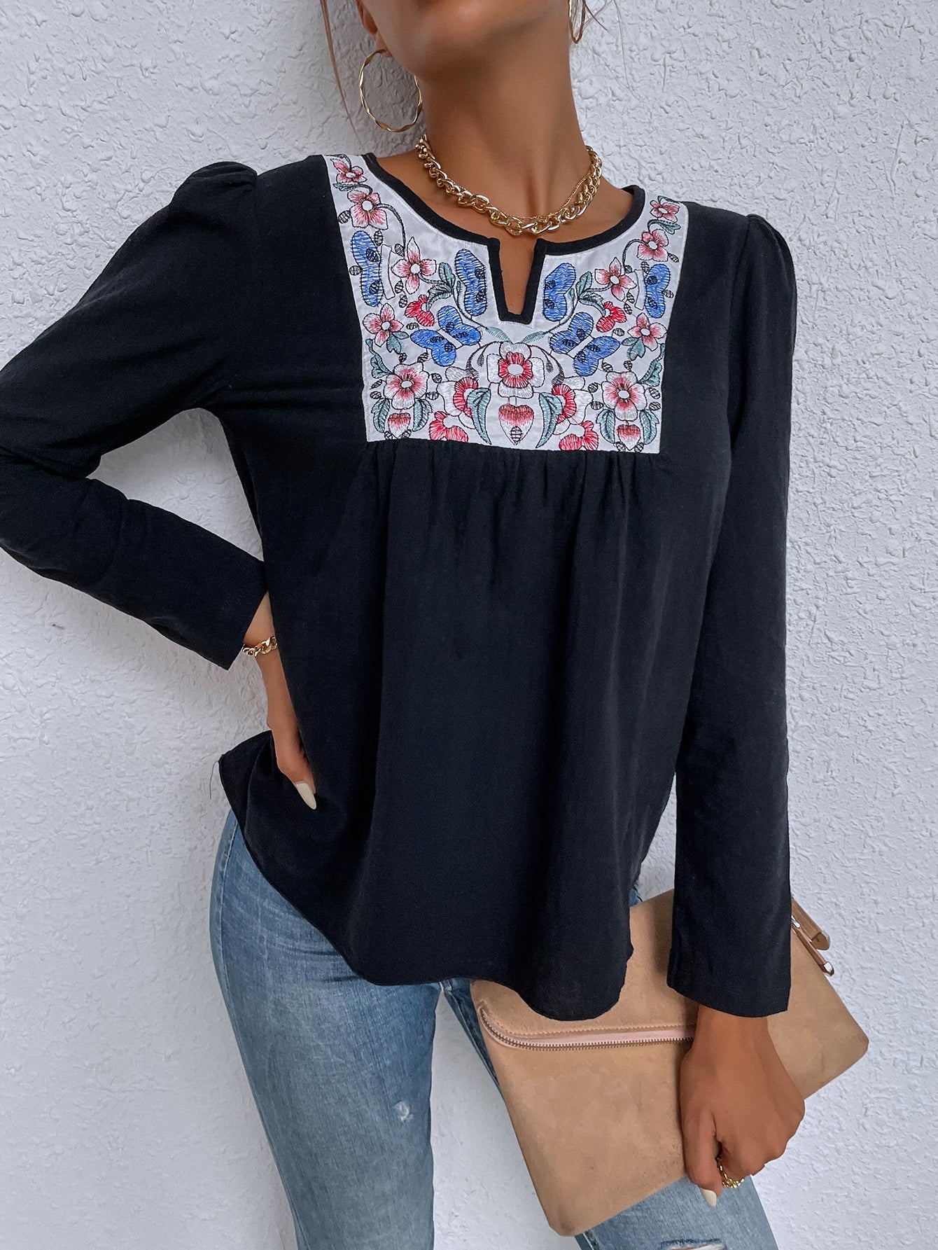 Ethnic style stitching pullover round neck solid color long-sleeved loose casual t-shirt Sai Feel