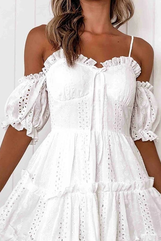 Eyelet Embroidered Ruffle Spaghetti Strap Summer Mini Dress Sai Feel