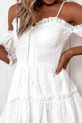 Eyelet Embroidered Ruffle Spaghetti Strap Summer Mini Dress Sai Feel