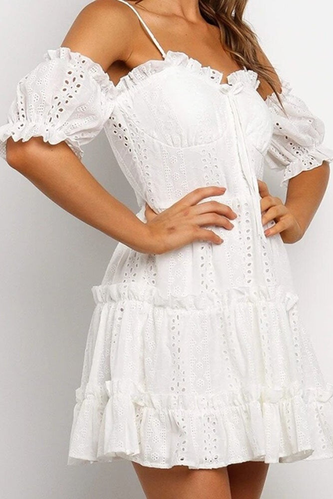 Eyelet Embroidered Ruffle Spaghetti Strap Summer Mini Dress Sai Feel