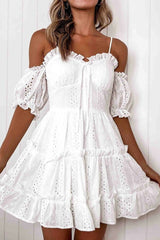 Eyelet Embroidered Ruffle Spaghetti Strap Summer Mini Dress Sai Feel