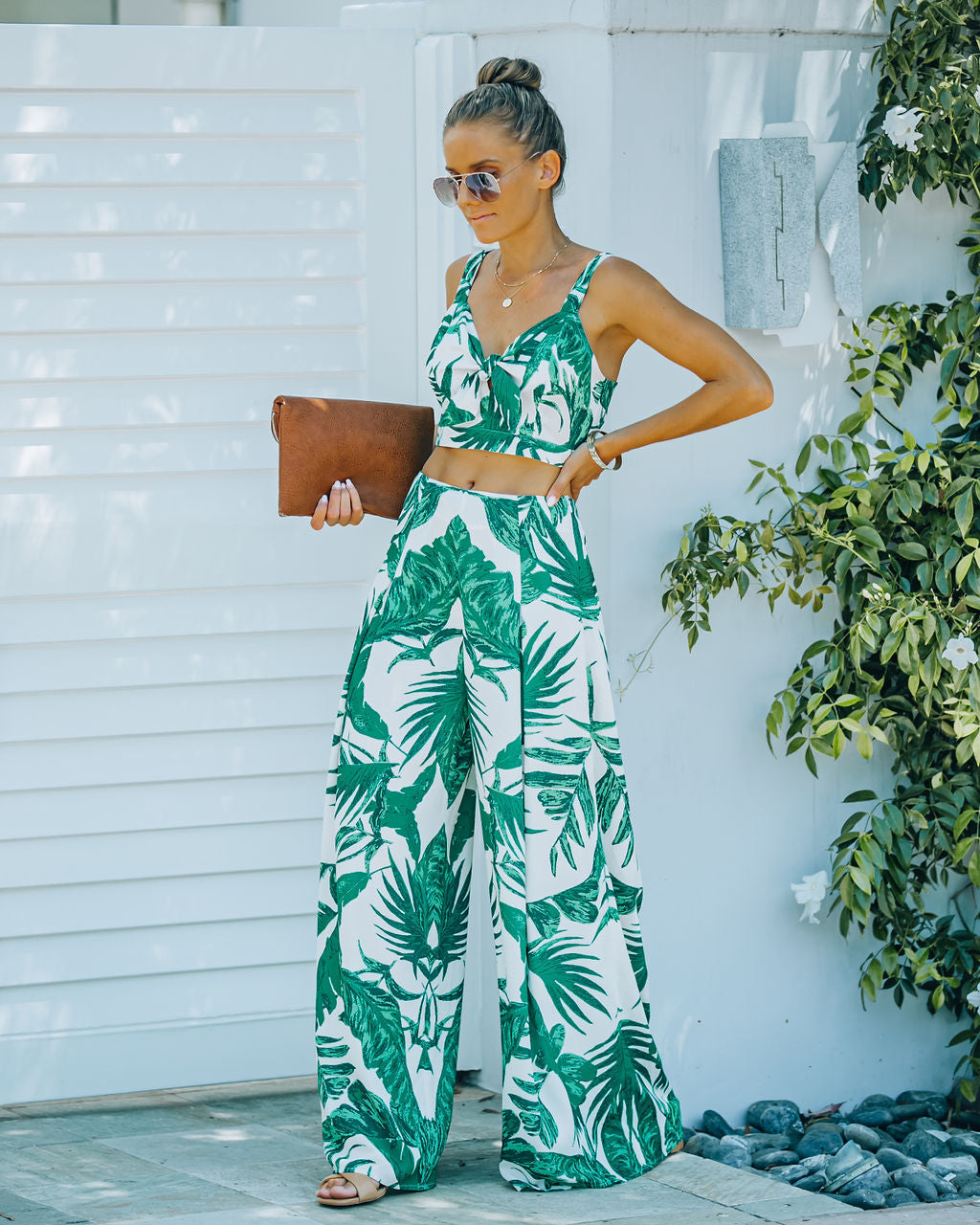 Crop Top mit Bindeband und Airliner-Palm-Print - ENDGÜLTIGER VERKAUF 