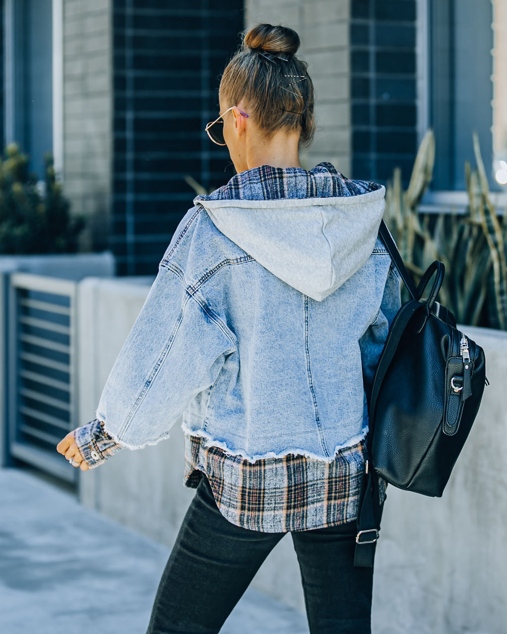 Adrien Contrast Plaid Hooded Denim Jacket