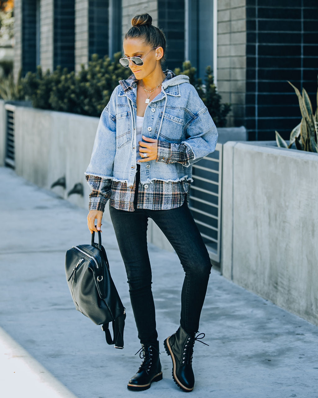 Adrien Contrast Plaid Hooded Denim Jacket