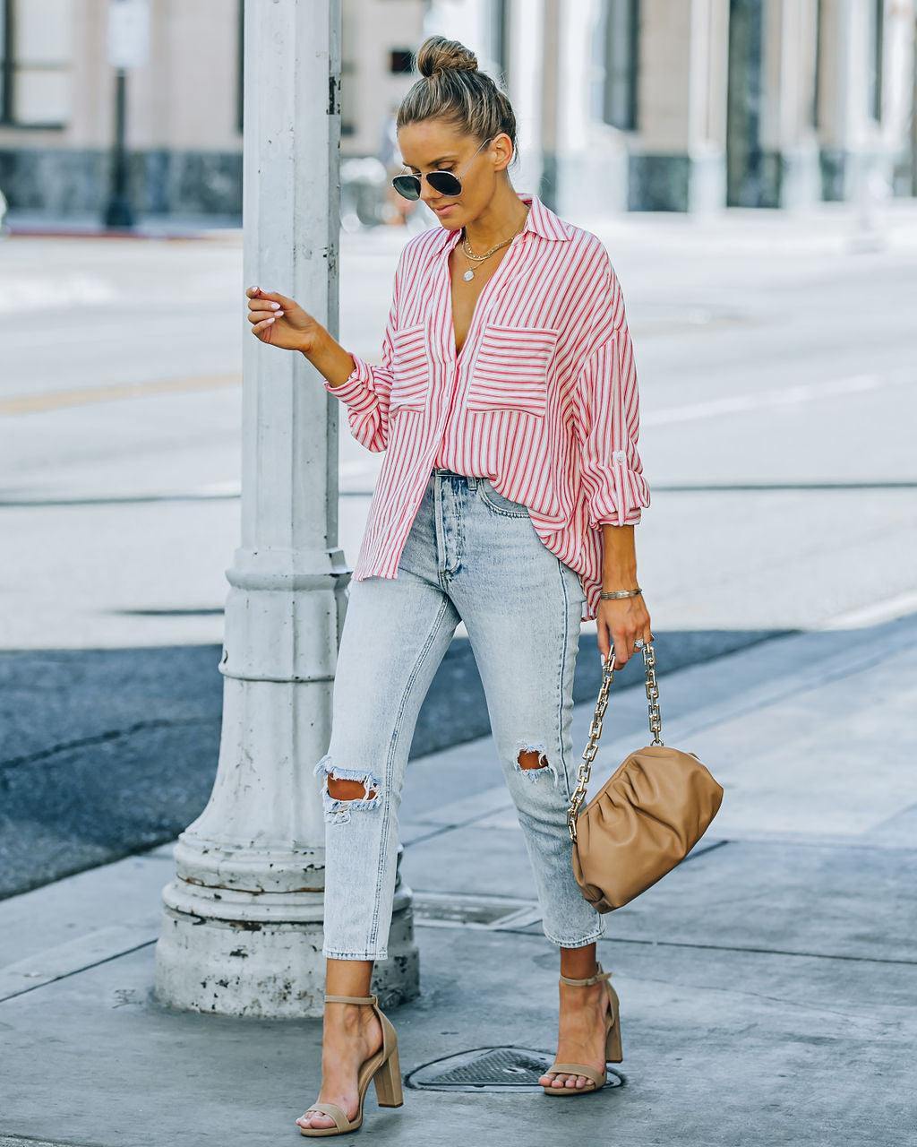 Aldan Striped Button Down Top - Red