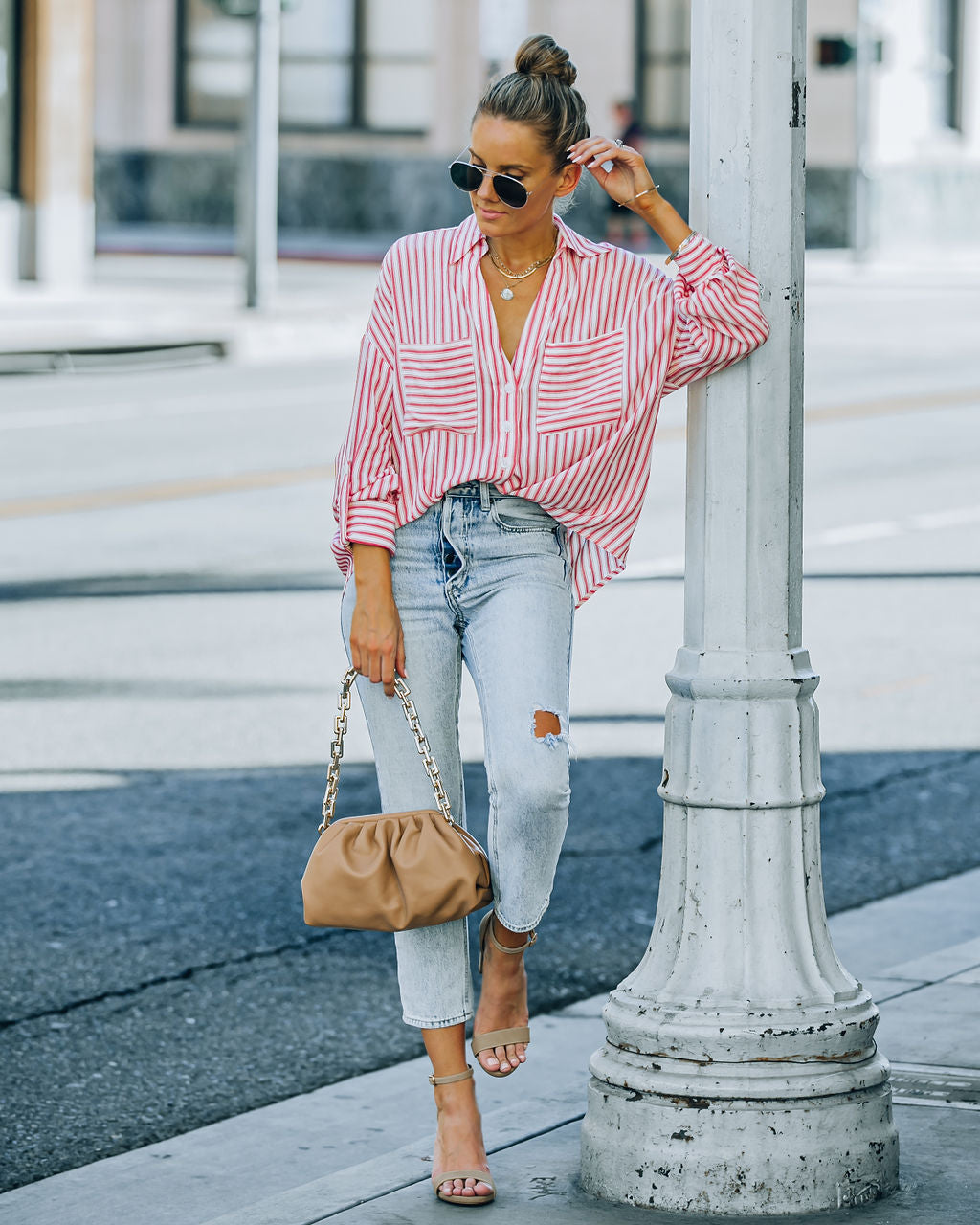 Aldan Striped Button Down Top - Red