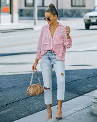 Aldan Striped Button Down Top - Red