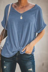 Fashion Blue/Gray/Burgundy Plain Crew Neck Short Sleeve Twist Tee T Shirt Sai Feel