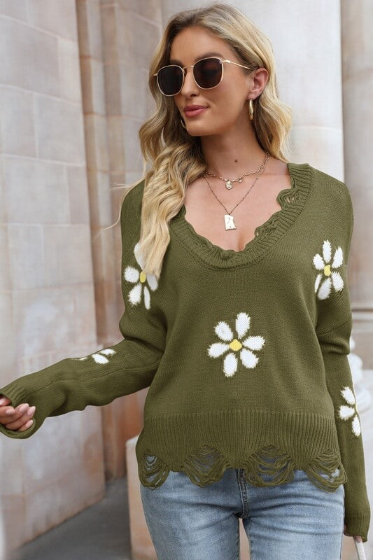 Fashion Floral Pullover with Plunging Neckline Sai Feel