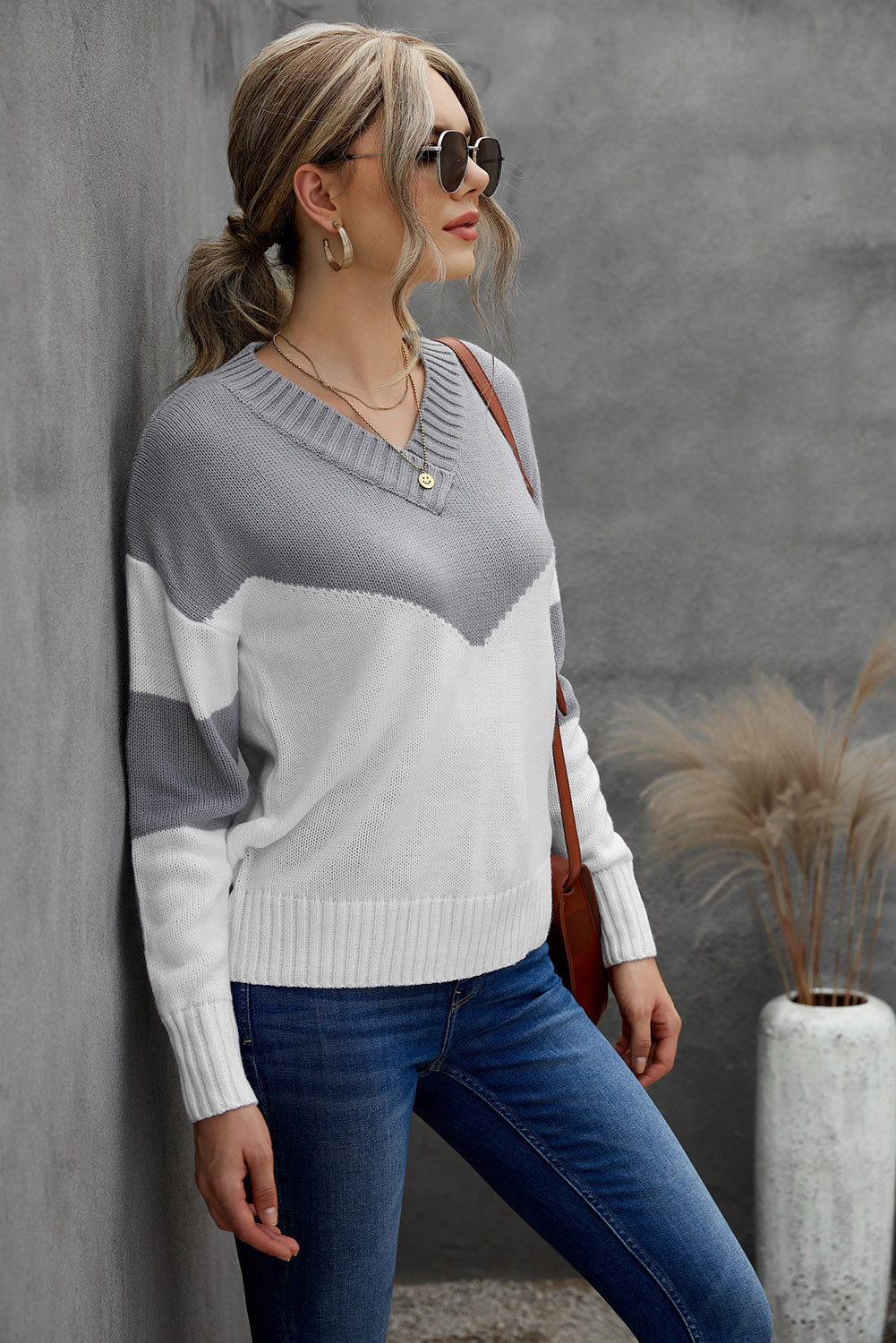 Fashion Knitted Color Block V-Neck Casual Sweaters Sai Feel