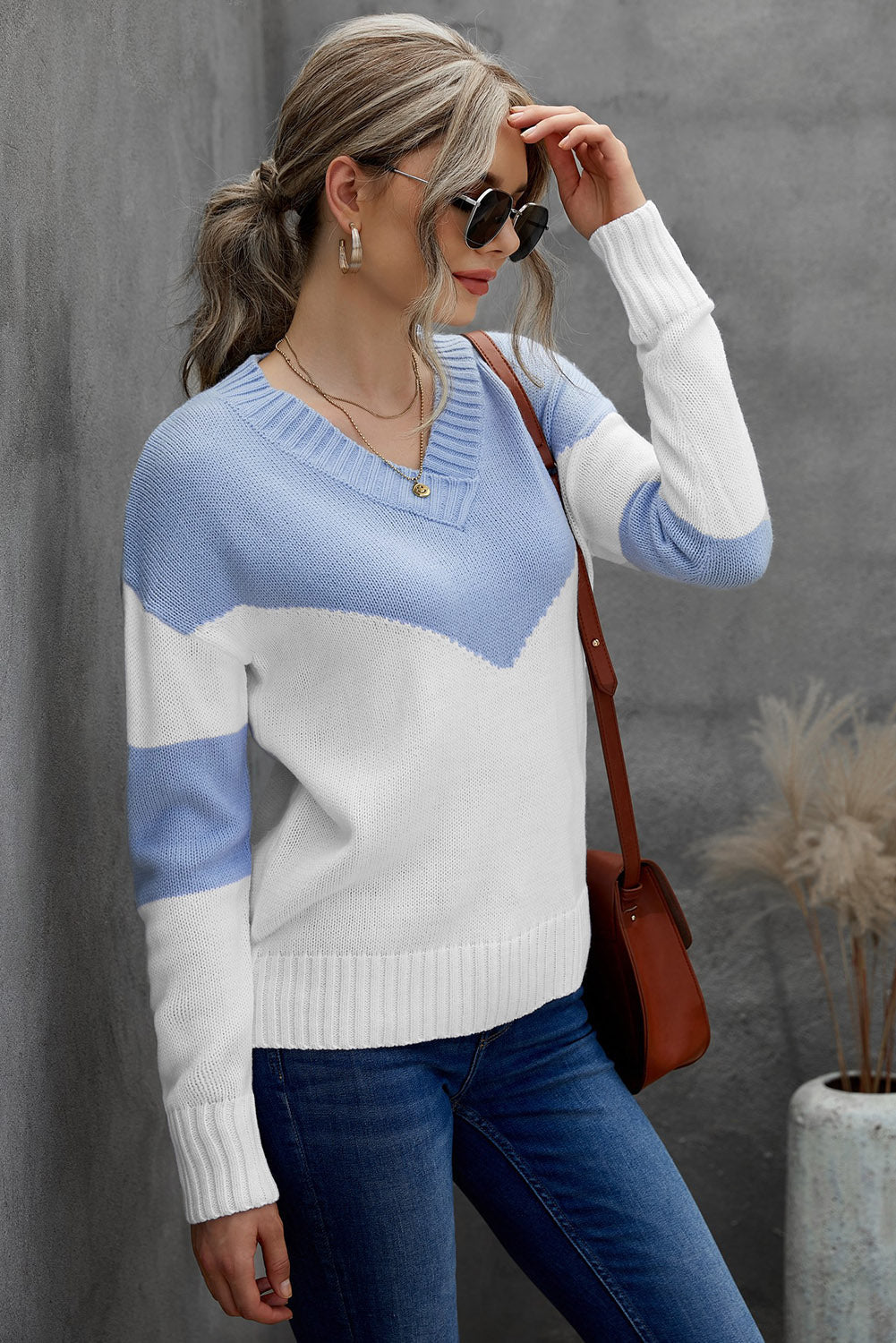 Fashion Knitted Color Block V-Neck Casual Sweaters Sai Feel