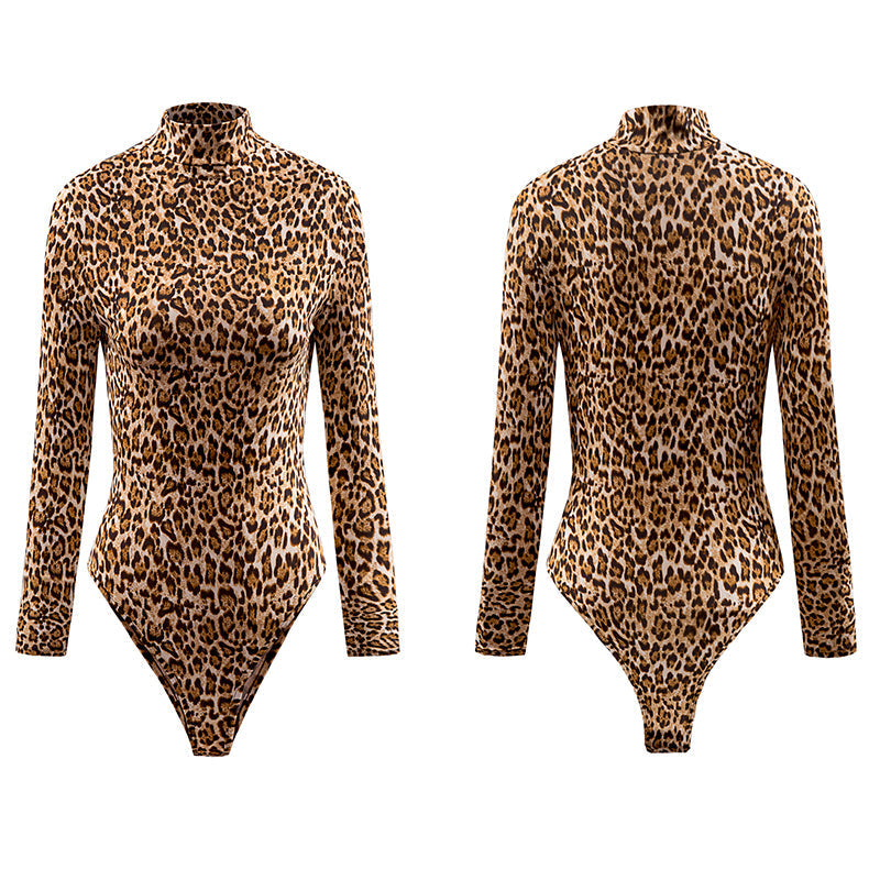 Fashion Ladies Snake Leopard Print Mock Neck Long Sleeves Bodysuit Sexy Sleeveless Body Tops T Shirt Jumpsuit Sai Feel