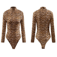 Fashion Ladies Snake Leopard Print Mock Neck Long Sleeves Bodysuit Sexy Sleeveless Body Tops T Shirt Jumpsuit Sai Feel