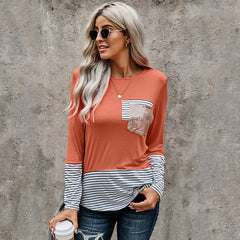 Fashion Long Sleeve Pullover Stripe Pocket Sequins Splicing Sweatshirt Loose Fitting O-neck Top Sai Feel