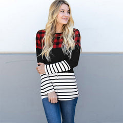 Fashion Loose Blouse Plaid Print Striped Splicing Sweatshirt Long Sleeve O-Neck Casual Simple Pullover Sai Feel