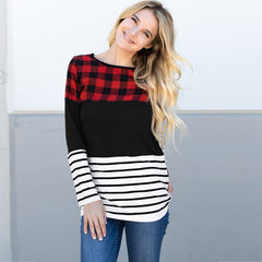 Fashion Loose Blouse Plaid Print Striped Splicing Sweatshirt Long Sleeve O-Neck Casual Simple Pullover Sai Feel
