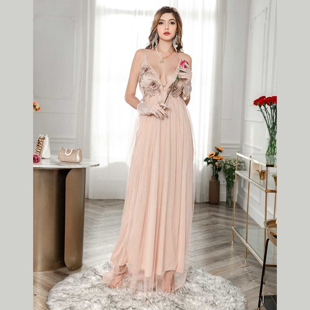 Fashion Plunging Neck Backless Flower Wedding Mesh Dress Sai Feel