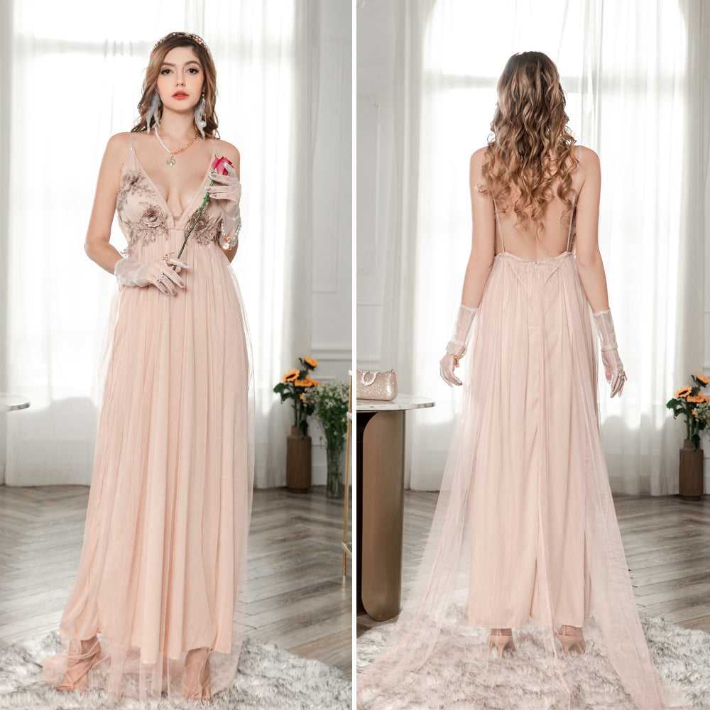 Fashion Plunging Neck Backless Flower Wedding Mesh Dress Sai Feel