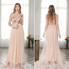 Fashion Plunging Neck Backless Flower Wedding Mesh Dress Sai Feel