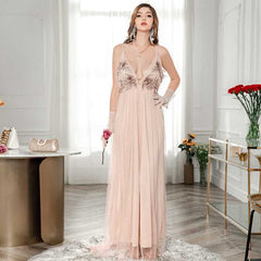 Fashion Plunging Neck Backless Flower Wedding Mesh Dress Sai Feel