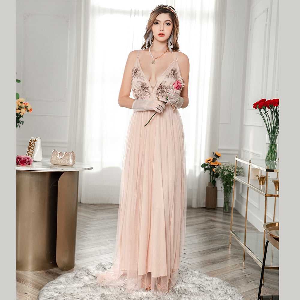 Fashion Plunging Neck Backless Flower Wedding Mesh Dress Sai Feel