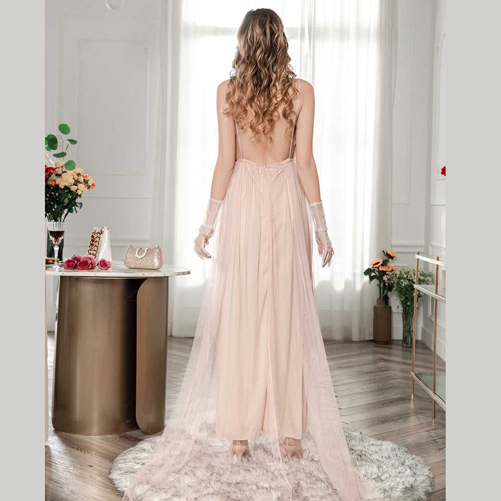 Fashion Plunging Neck Backless Flower Wedding Mesh Dress Sai Feel