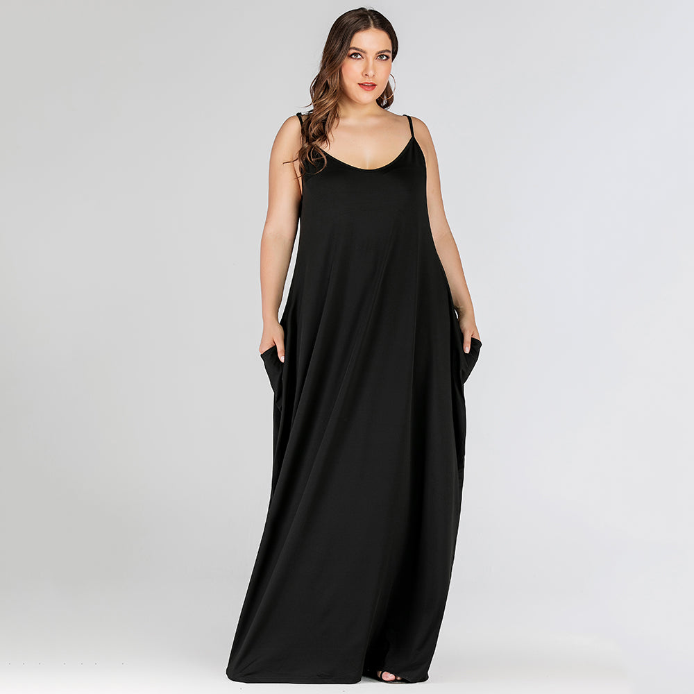 Fashion Plus size women's solid color loose double pockets with straps long dress Sai Feel