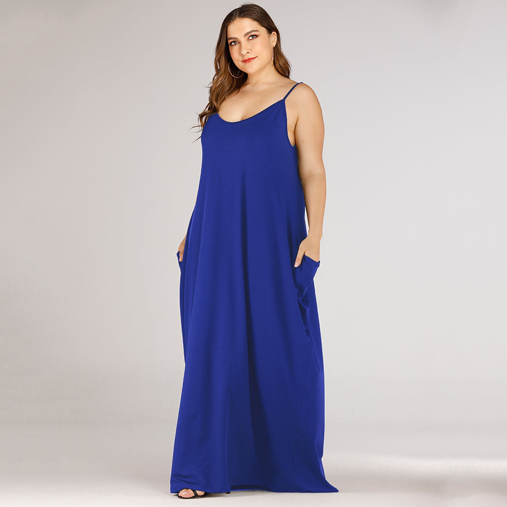 Fashion Plus size women's solid color loose double pockets with straps long dress Sai Feel