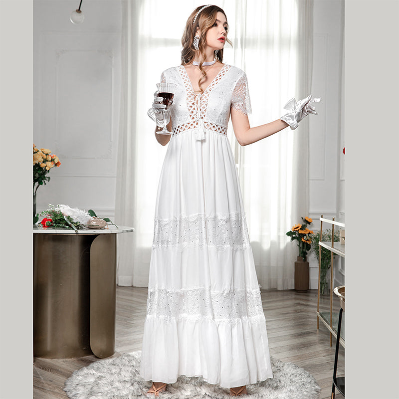 Fashion Sexy Backless Wedding White Lace Fairy Short Sleeve Dress Sai Feel