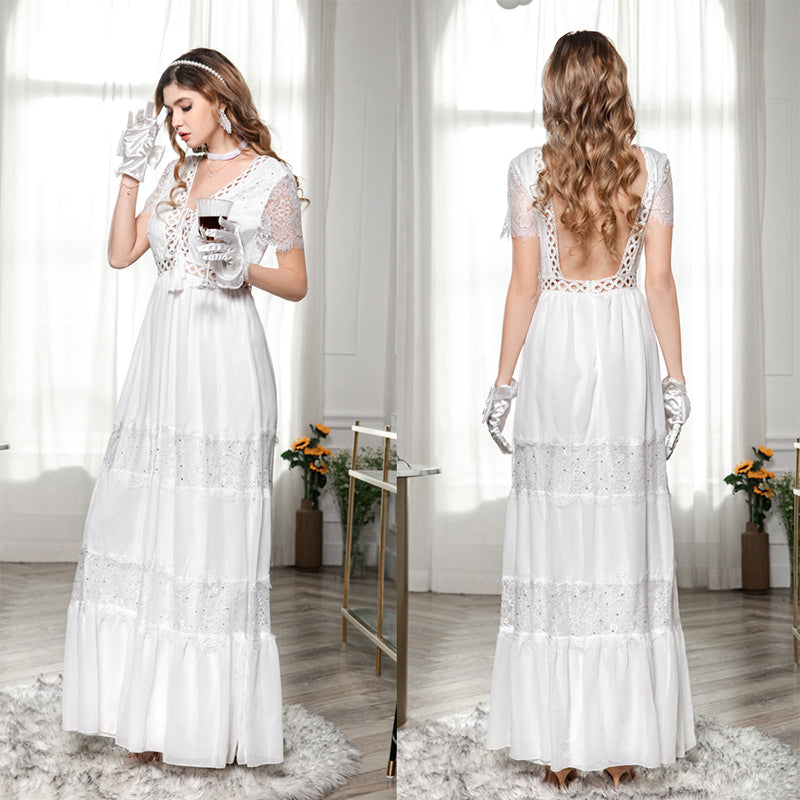 Fashion Sexy Backless Wedding White Lace Fairy Short Sleeve Dress Sai Feel