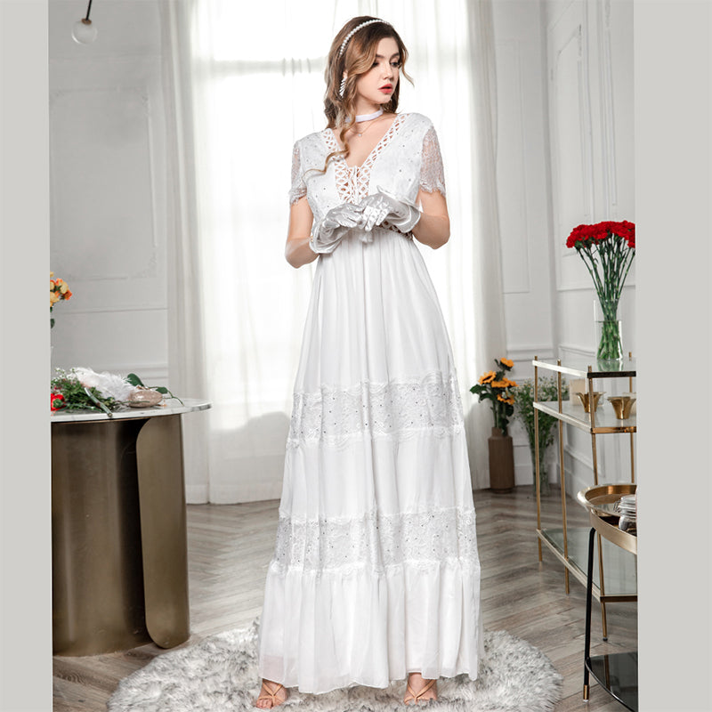 Fashion Sexy Backless Wedding White Lace Fairy Short Sleeve Dress Sai Feel