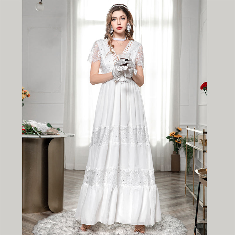 Fashion Sexy Backless Wedding White Lace Fairy Short Sleeve Dress Sai Feel