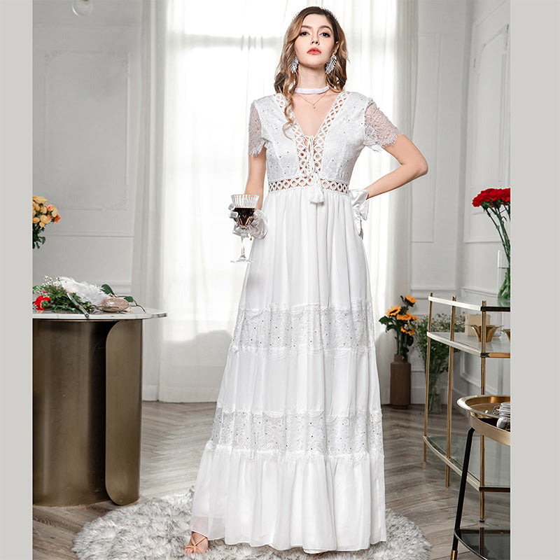 Fashion Sexy Backless Wedding White Lace Fairy Short Sleeve Dress Sai Feel