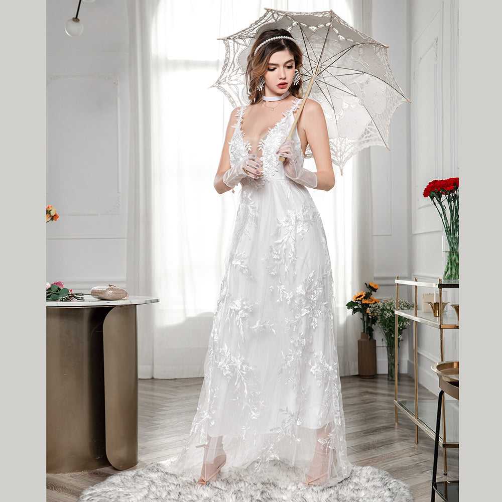 Fashion Sexy Deep V Flower Embroideried Backless Wedding Dress Party Gown Sai Feel