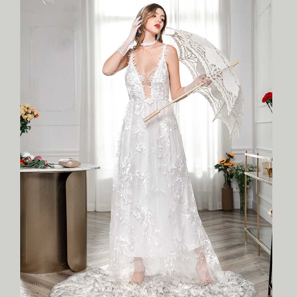 Fashion Sexy Deep V Flower Embroideried Backless Wedding Dress Party Gown Sai Feel