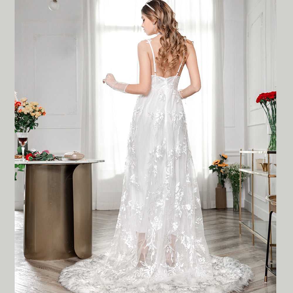 Fashion Sexy Deep V Flower Embroideried Backless Wedding Dress Party Gown Sai Feel